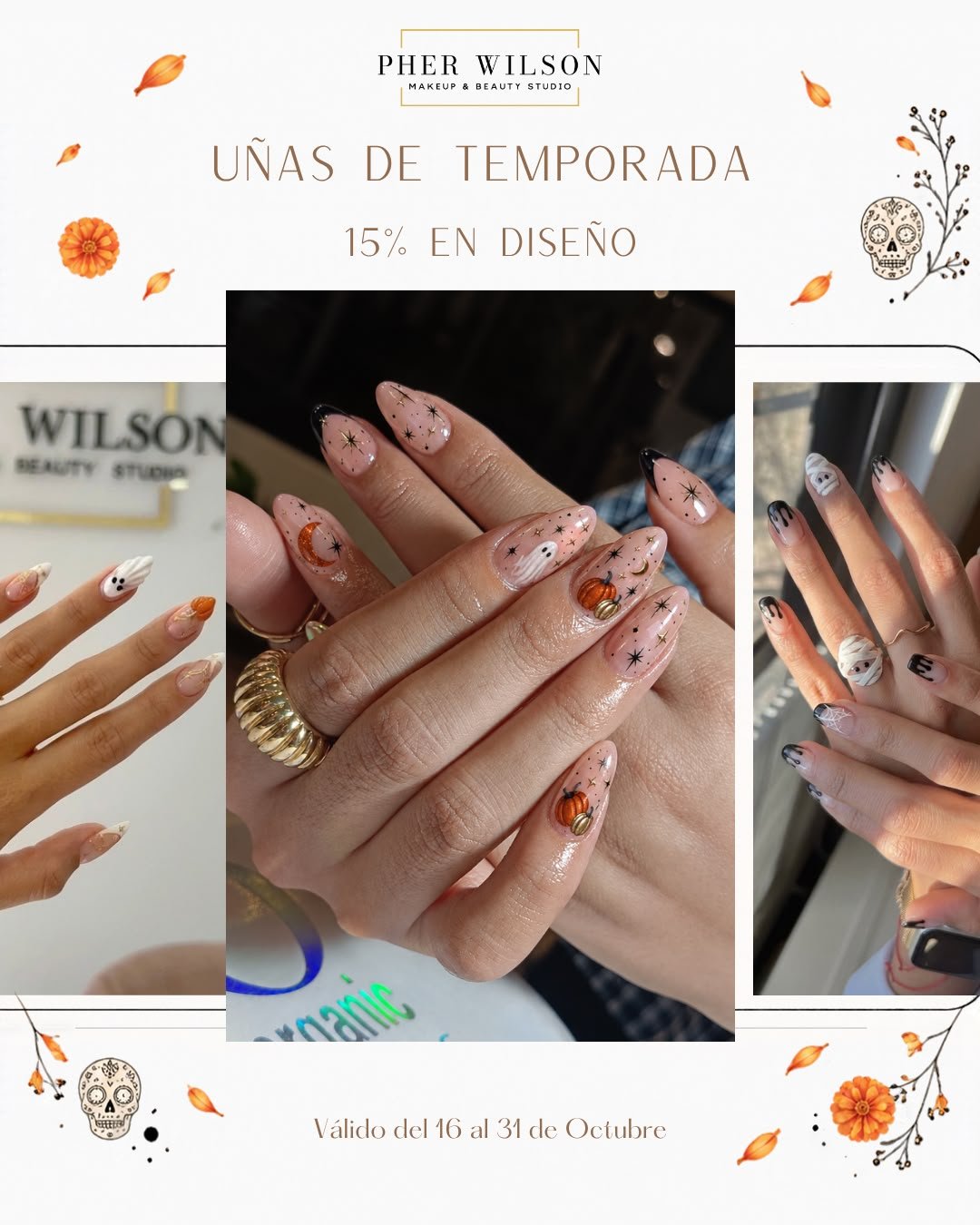 Promoción uñas de temporada Halloween, 15% en diseño